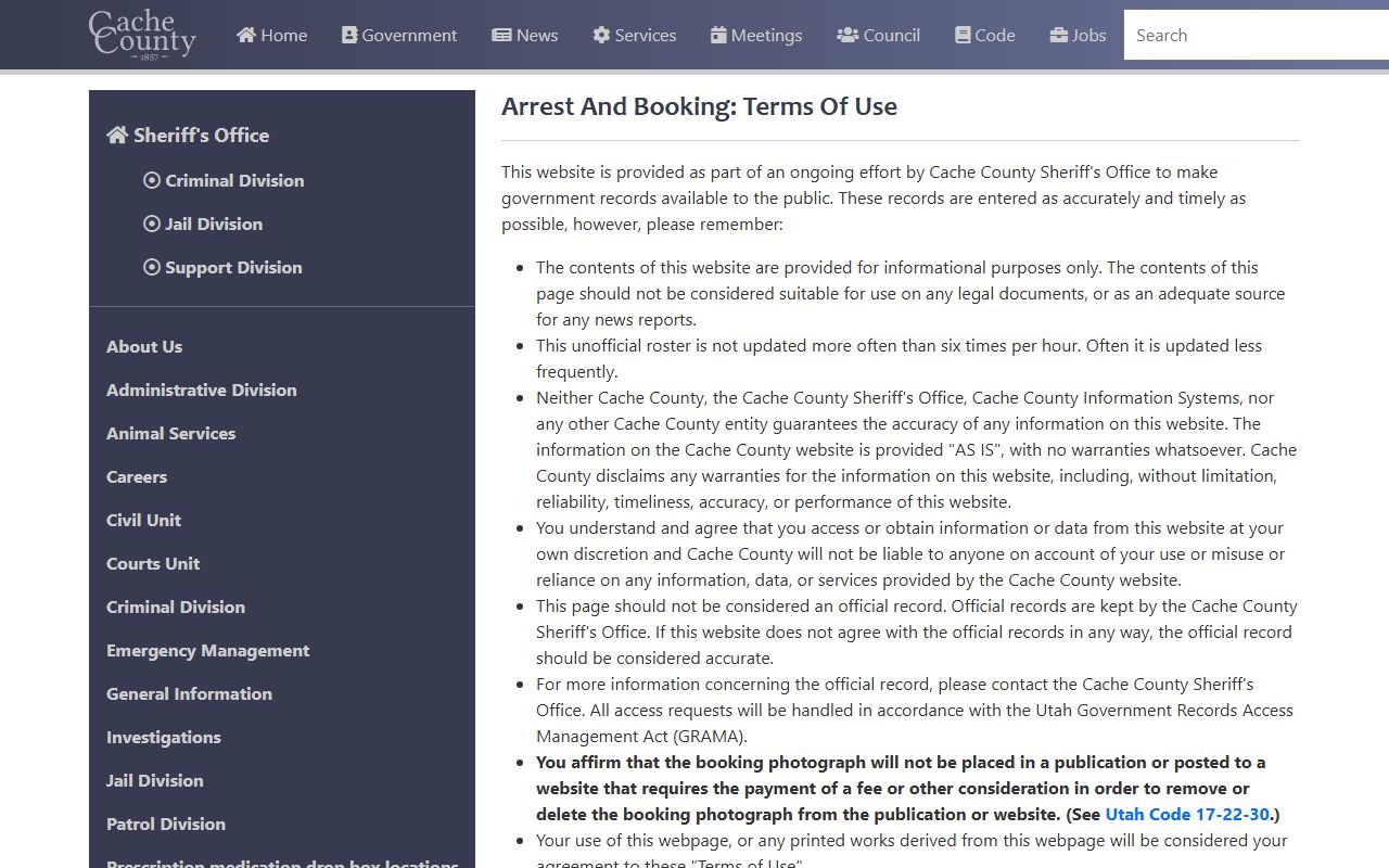 Cache County jail mugshots booking terms and Utah booking photo notice