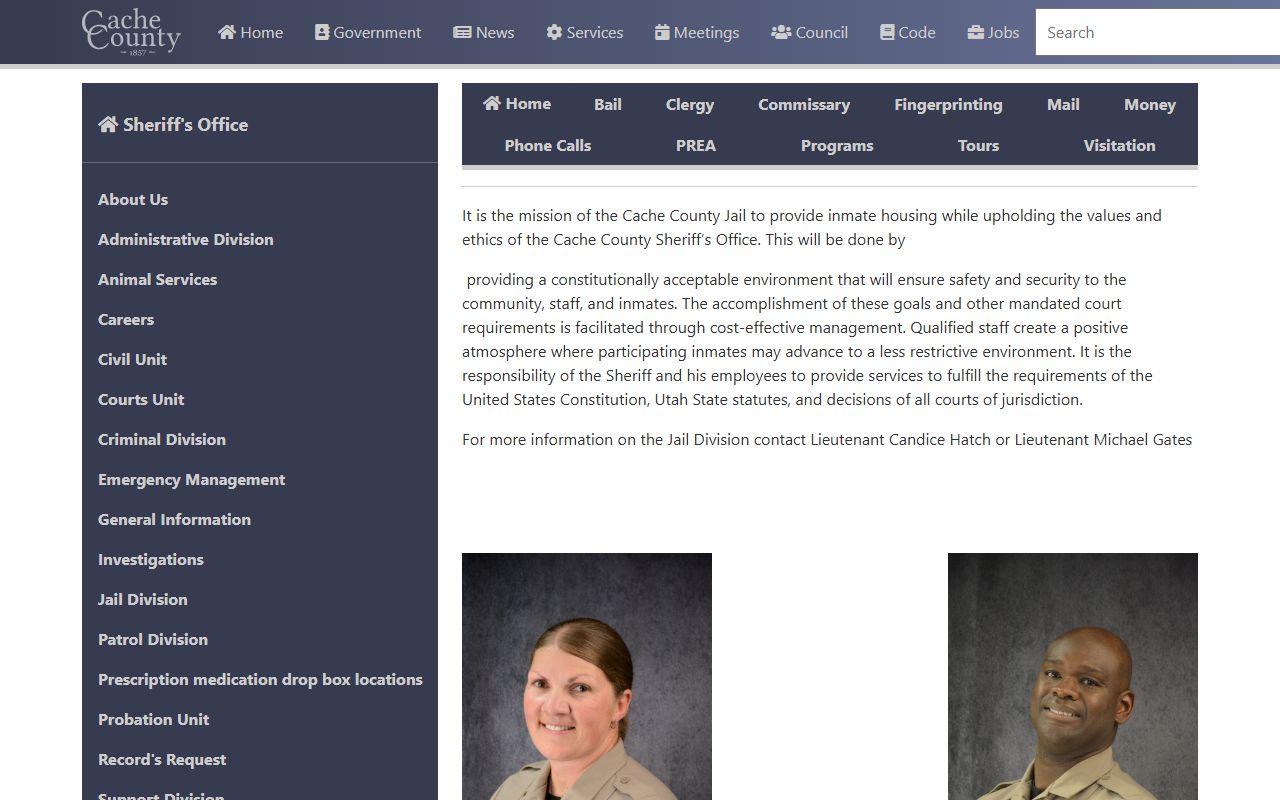 Cache County Jail Division page for inmate custody and facility information