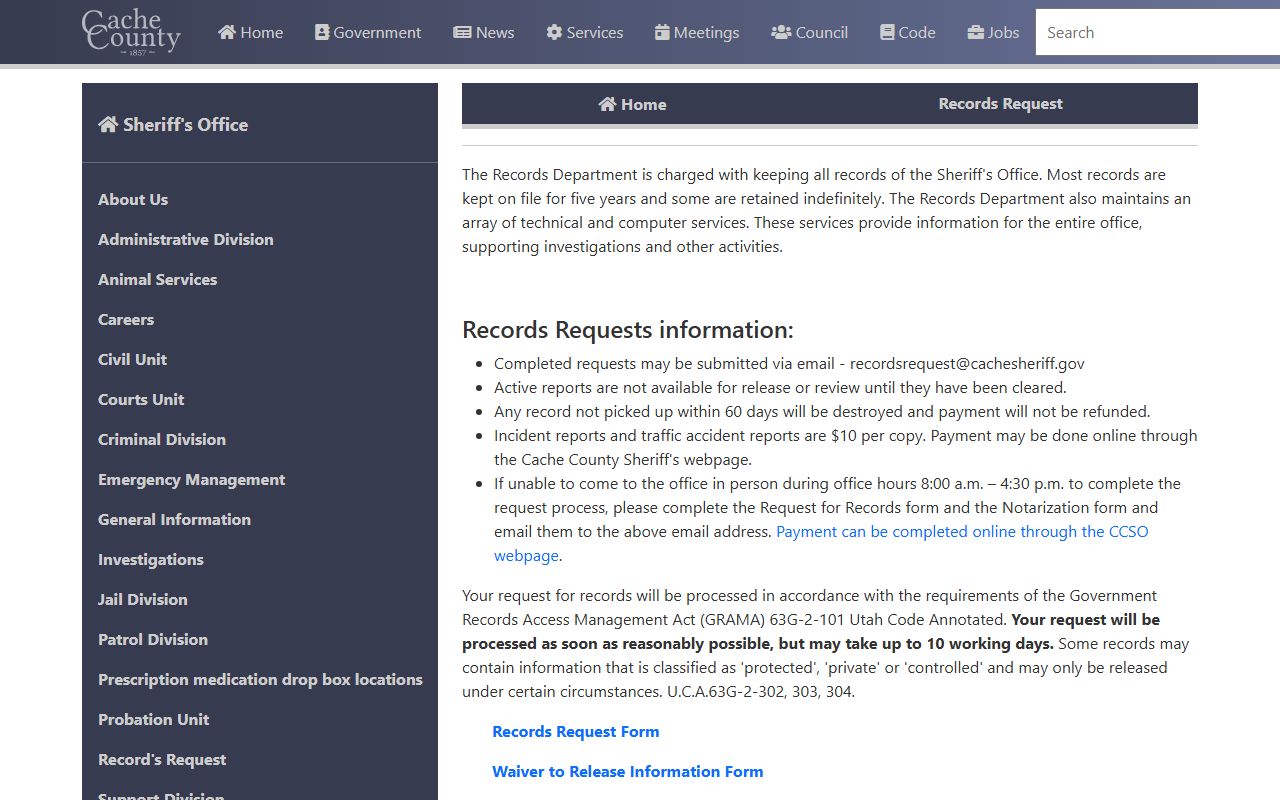 Cache County Sheriff's records request page for inmate and jail records